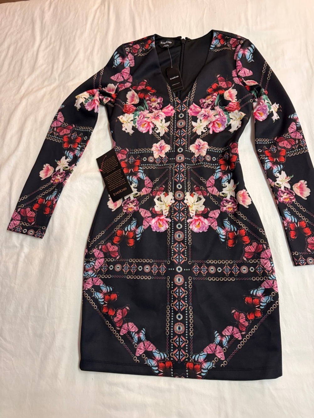 bebe Black Long-Sleeve Floral & Butterfly Bodycon Dress - Picture 2 of 7